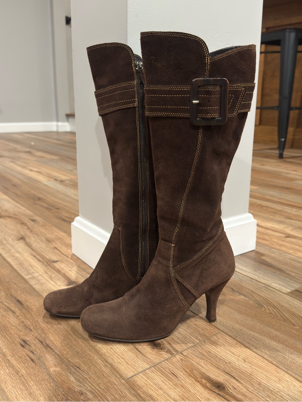 CARISMA Vintage 90s Y2k Italian Brown Suede Knee-high Buckle Boots | Size 6